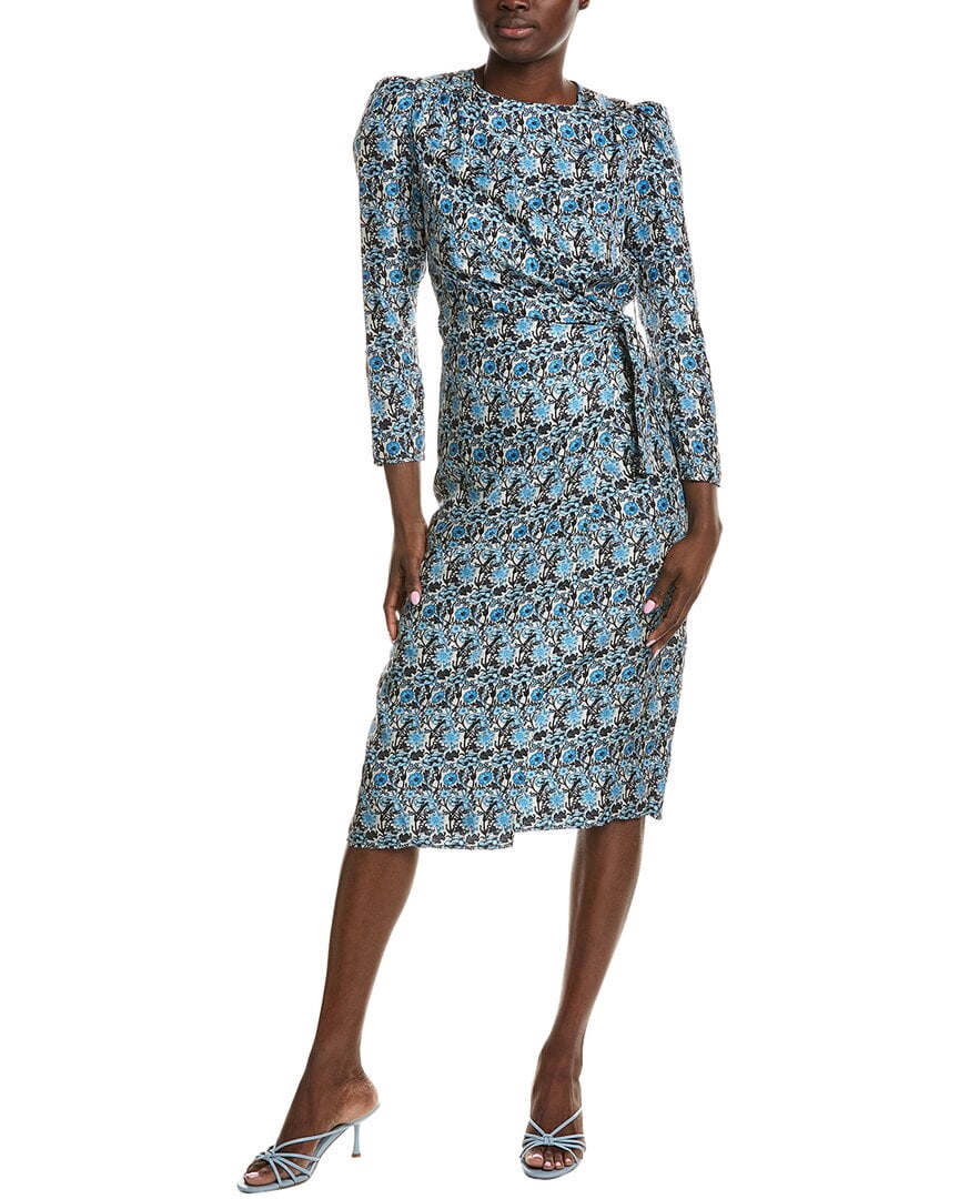 thumbnail image 1 of Sandro womens Puff Sleeve Silk Wrap Dress, 34, Blue, 1 of 3