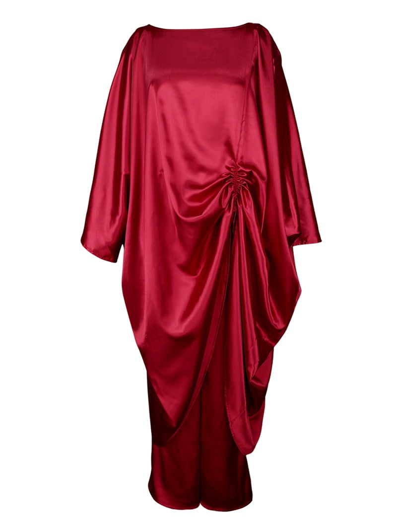thumbnail image 1 of Satin Plus Size Pantsuit Batwing Sleeves Boat Neck Evening Party Dress Red L, 1 of 9