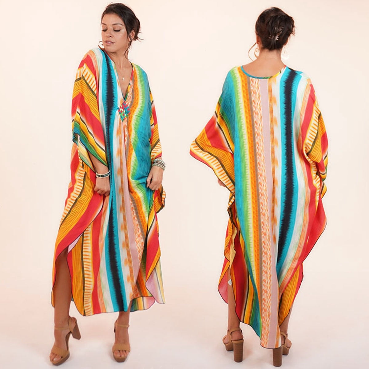 thumbnail image 1 of Shawl Dawls Women Cover-up V Neck Oversized Sleeve One Size Beach Kaftan Vacation Dress-STRIPE MULTI, 1 of 6