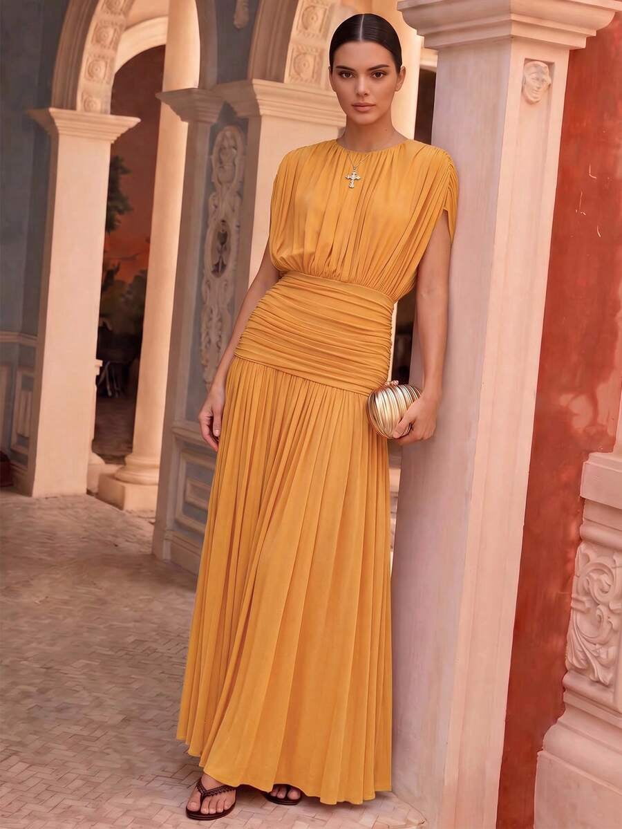 thumbnail image 1 of Solid Pale Yellow Ruched Waist Pleated Maxi Dress For Women Round, 1 of 7
