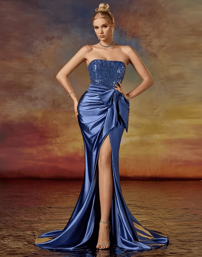 thumbnail image 1 of Stunning Blue Mermaid Evening Gown Strapless Sequin Design Thigh-High Split Formal Womenswear for Wedding Red Carpet Gala Cocktail Summer Glamorous Minimalist Sleeveless, 1 of 8