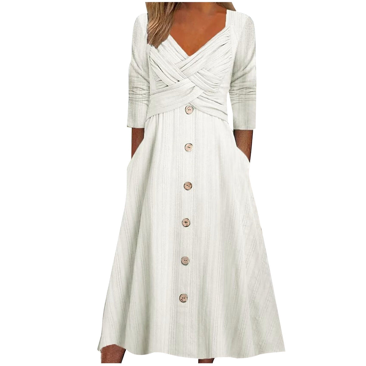 thumbnail image 1 of Summer Dresses for Womens Casual Loose Cross Strap V Neck Backless Dress Tie Waist Sweater Dress Cotton Linen Maxi Dress Loose Fitted Dress Button Hem Dress White S, 1 of 6
