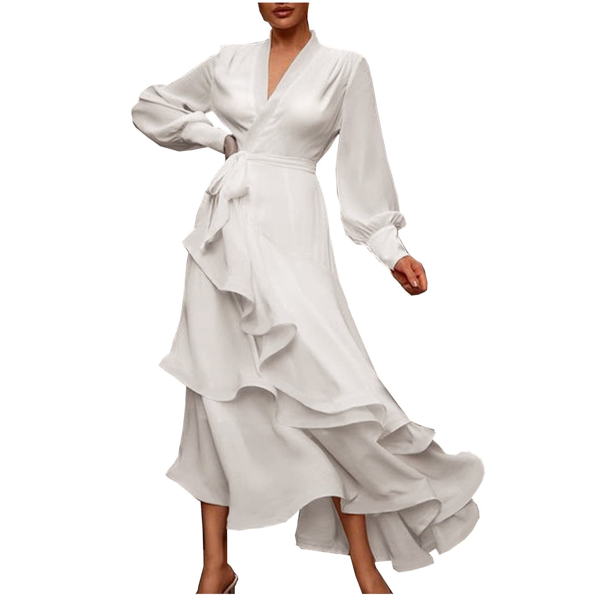 thumbnail image 1 of Sundresses for Women Casual Summer - Womens Summer Casual Boho Wrap V Neck Long Sleeve Evening Dress Cocktail Party Maxi Wedding Dresses Tiered with Belt, 1 of 8