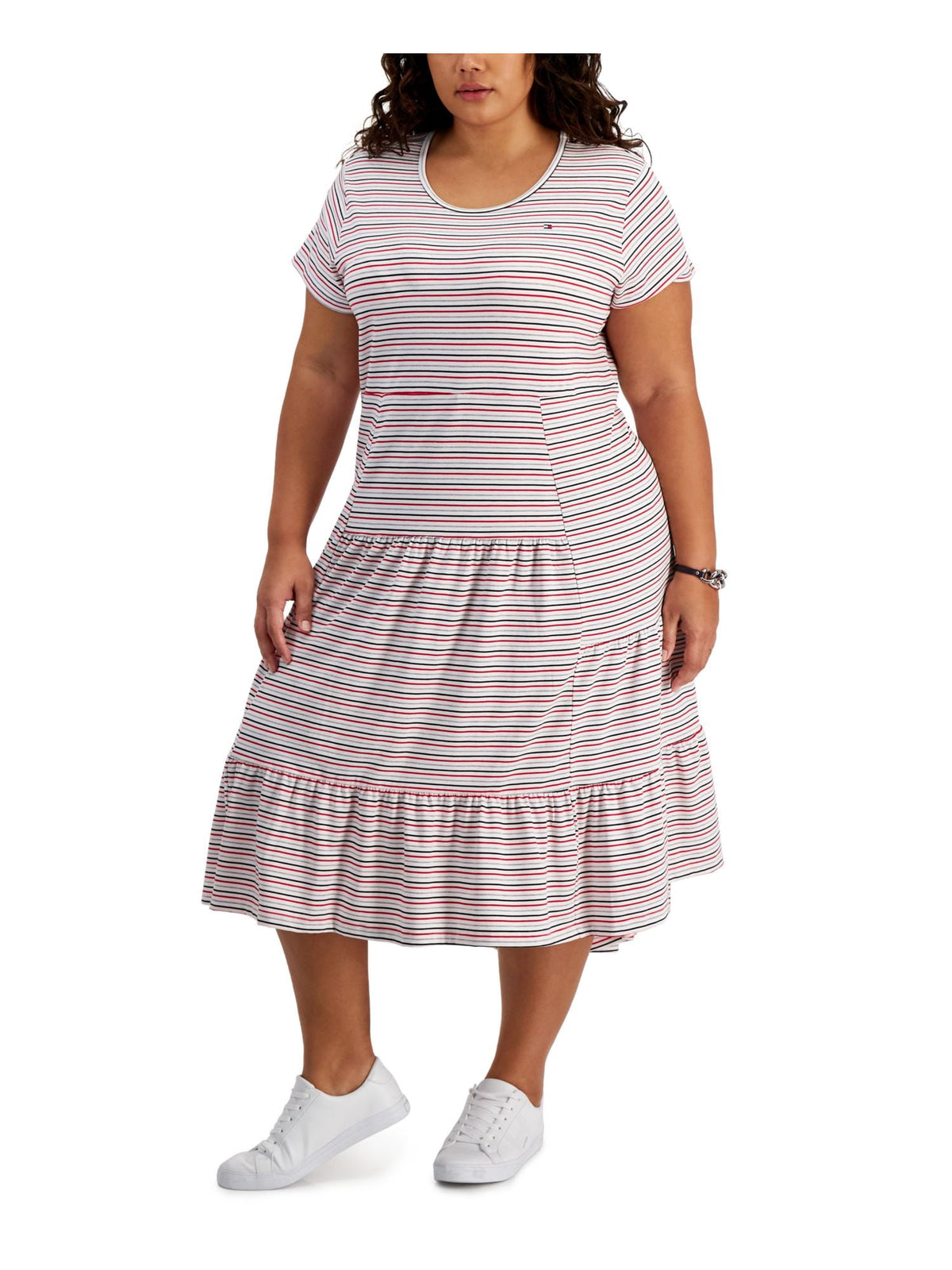 thumbnail image 1 of TOMMY HILFIGER Womens White Striped Short Sleeve Scoop Neck Midi Shift Dress Plus 2X, 1 of 4