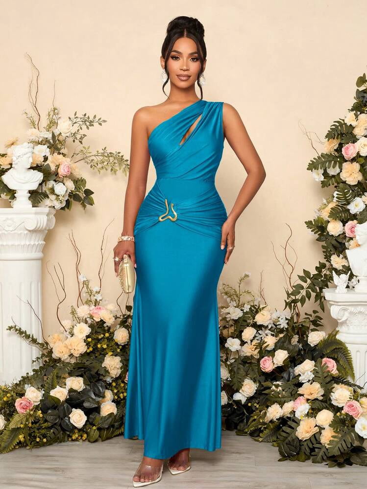 thumbnail image 1 of Teal Blue One Shoulder Asymmetric Cutout Maxi Dress with Ornamental Chain, 1 of 8
