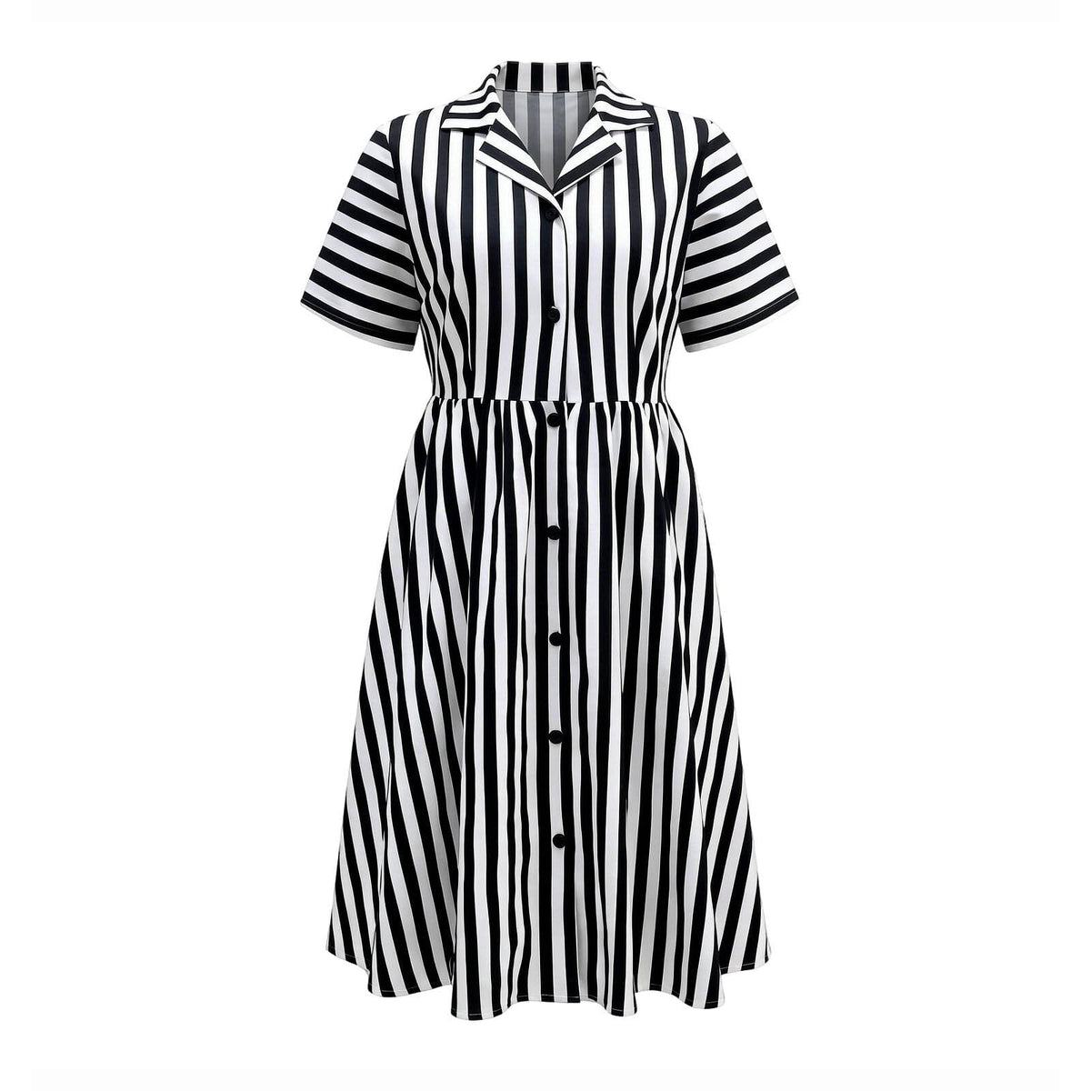 thumbnail image 1 of Trendfront Womens Striped Shirt Dress Short Sleeves Button Front Collared Neck Gathered Waist Flared Midi Dress, 1 of 3