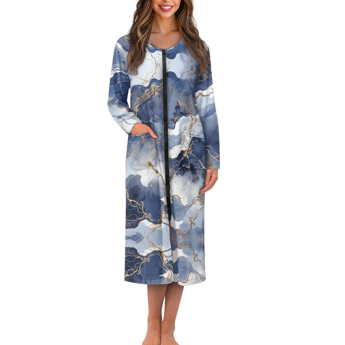 thumbnail image 1 of FOR U DESIGNS Blue Gold Marble Print Womens Nightgown Soft House Dresses for Women with Pockets, Lightweight Elastic Fabric Robes for Women Zipper Mumu Dress, S, 1 of 8