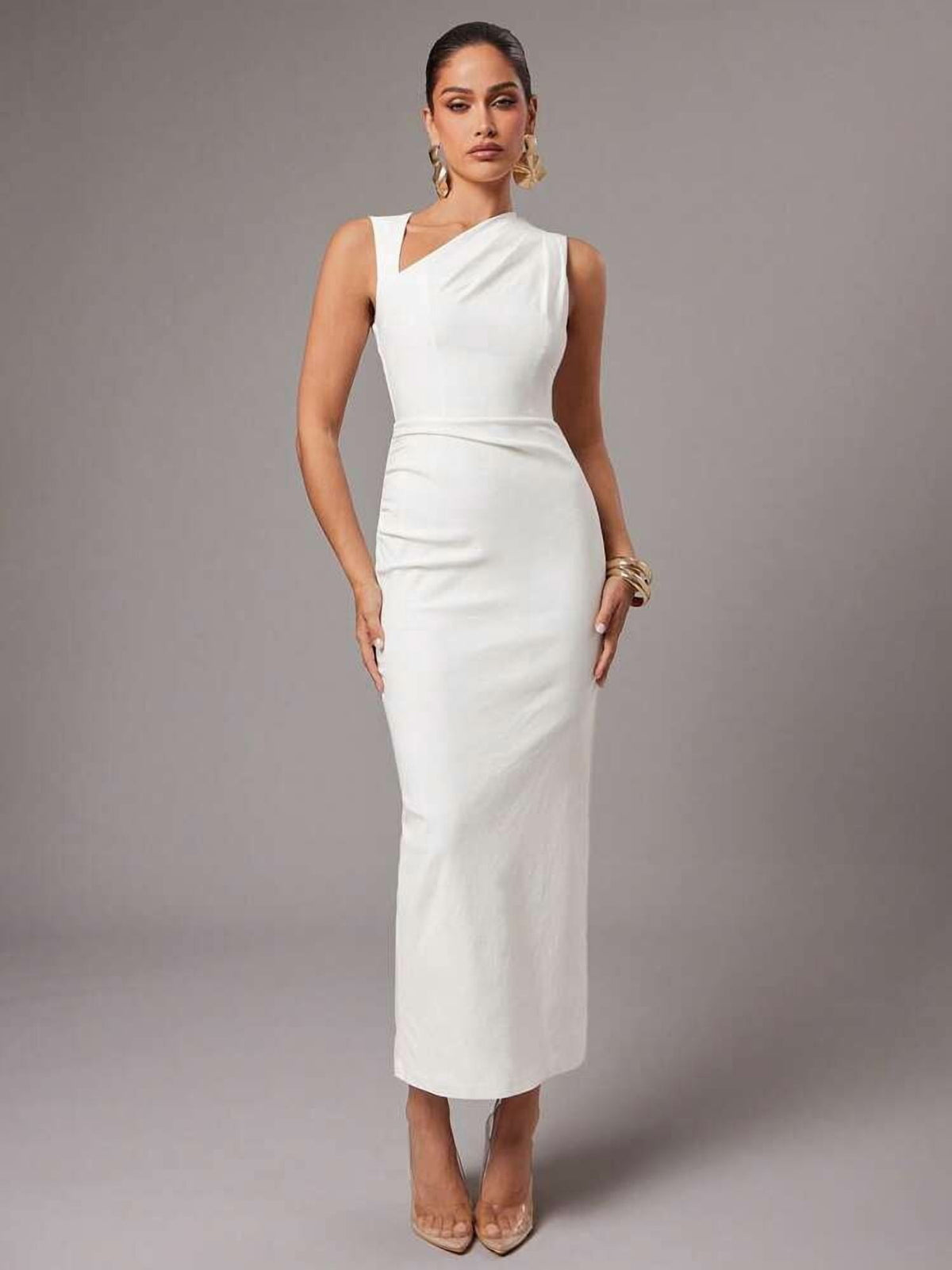 thumbnail image 1 of White Asymmetric Neck Sleeveless Ruched Fitted Long Dress, 1 of 7