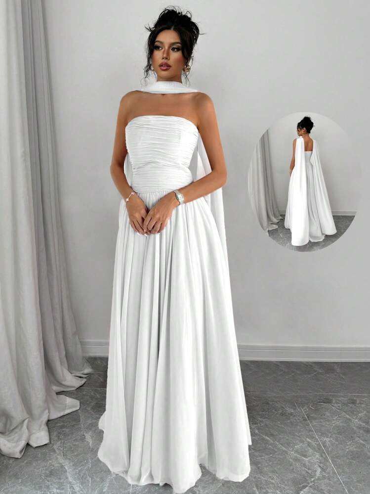 thumbnail image 1 of White Halter Maxi Dress with Cape Detail and Pleated Bodice, 1 of 5