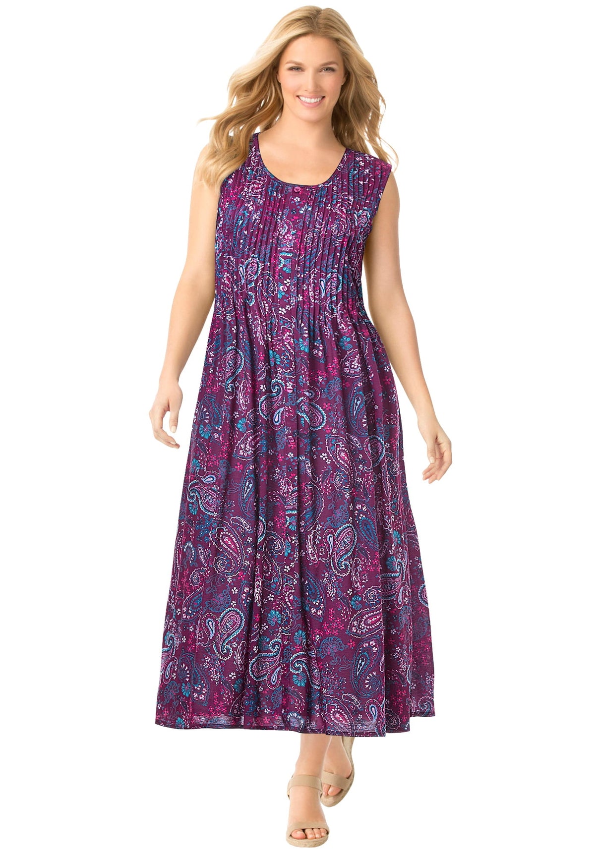 thumbnail image 1 of Woman Within Plus Size Petite Pintucked Sleeveless Dress, 1 of 2
