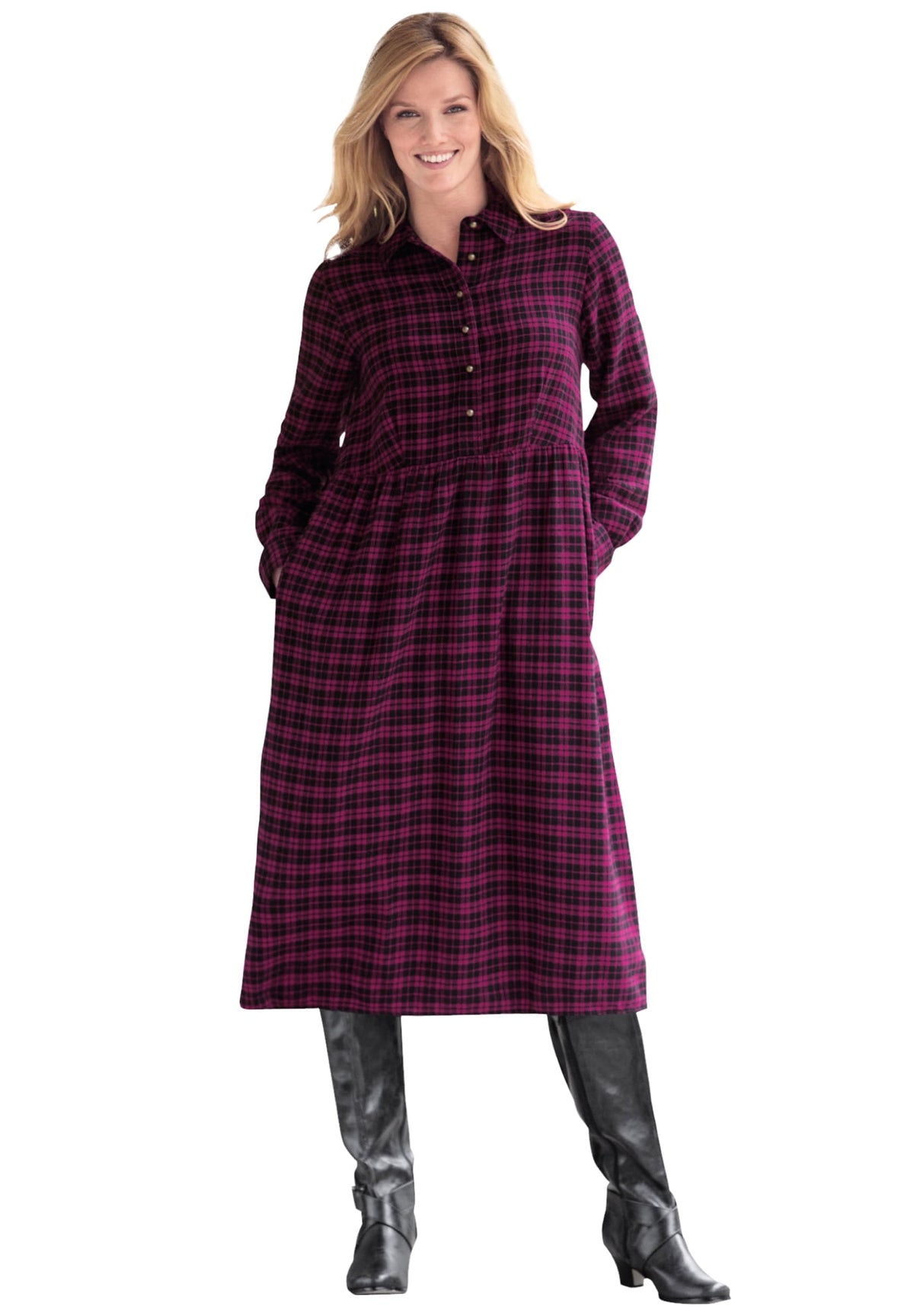 thumbnail image 1 of Woman Within Plus Size Plaid Flannel A-Line Shirtdress, 1 of 3