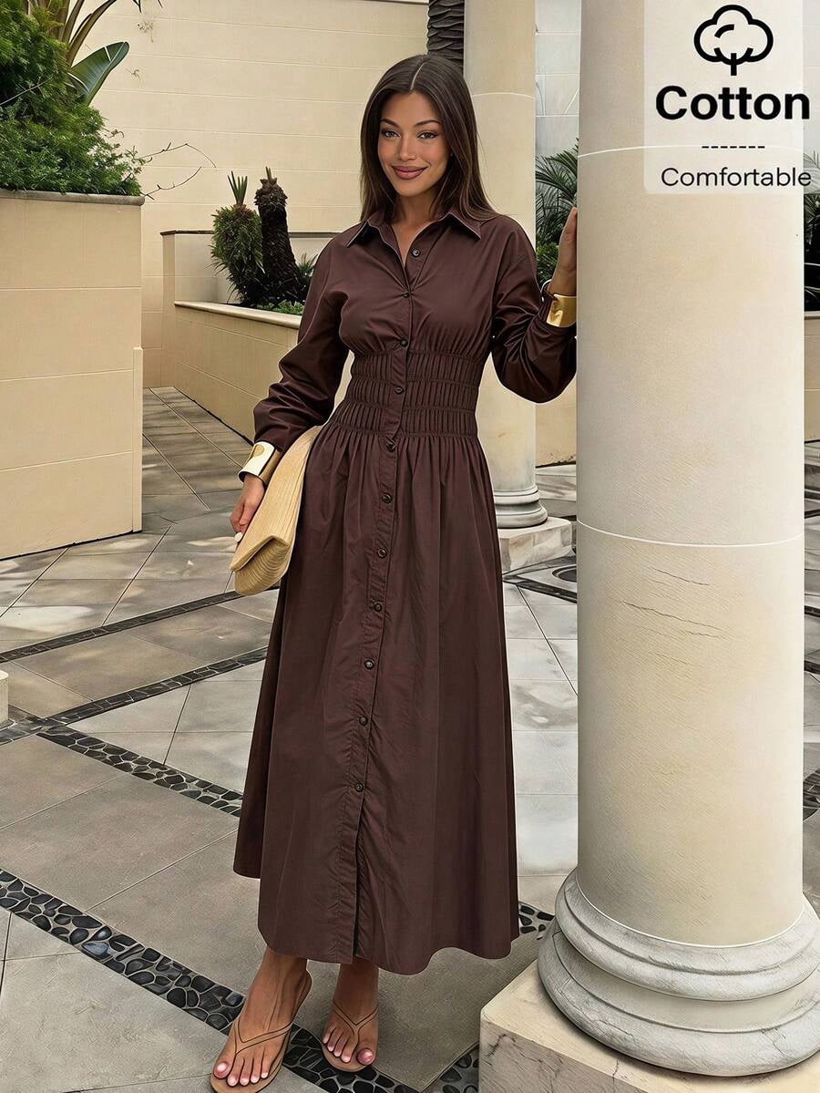thumbnail image 1 of Women Chocolate Brown Cotton Long Shirt Dress Solid Color Button Front, 1 of 6