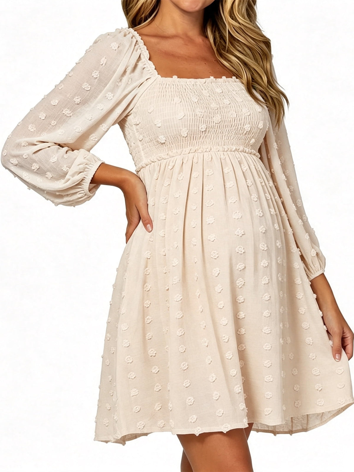 thumbnail image 1 of Women Long Sleeve Maternity Dress Square Neck Swiss Dot Casual Loose Short Dresses, 1 of 6