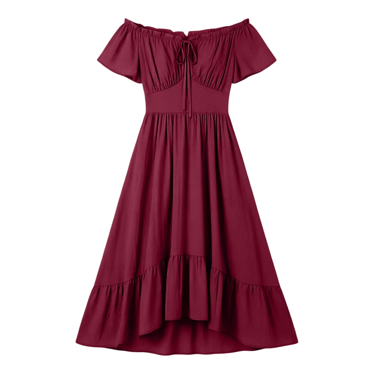 thumbnail image 1 of Women Off Shoulder High Low Midi Dress Ruffle Short Sleeve Tie Front Flowy Party Dress for Halloween Evening Wedding Guest, 1 of 6
