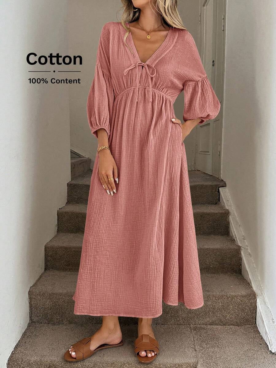 thumbnail image 1 of Women Redwood Cotton Boho Lantern Sleeve Midi Dress V-Neck Tie Waist, 1 of 5