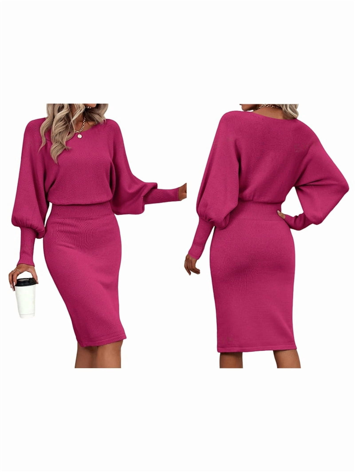 thumbnail image 1 of Women'S Lantern Long Sleeve High Waist Formal Bodycon Pencil Midi Pullover Sweater Dresses Clothes Rose Red M, 1 of 7