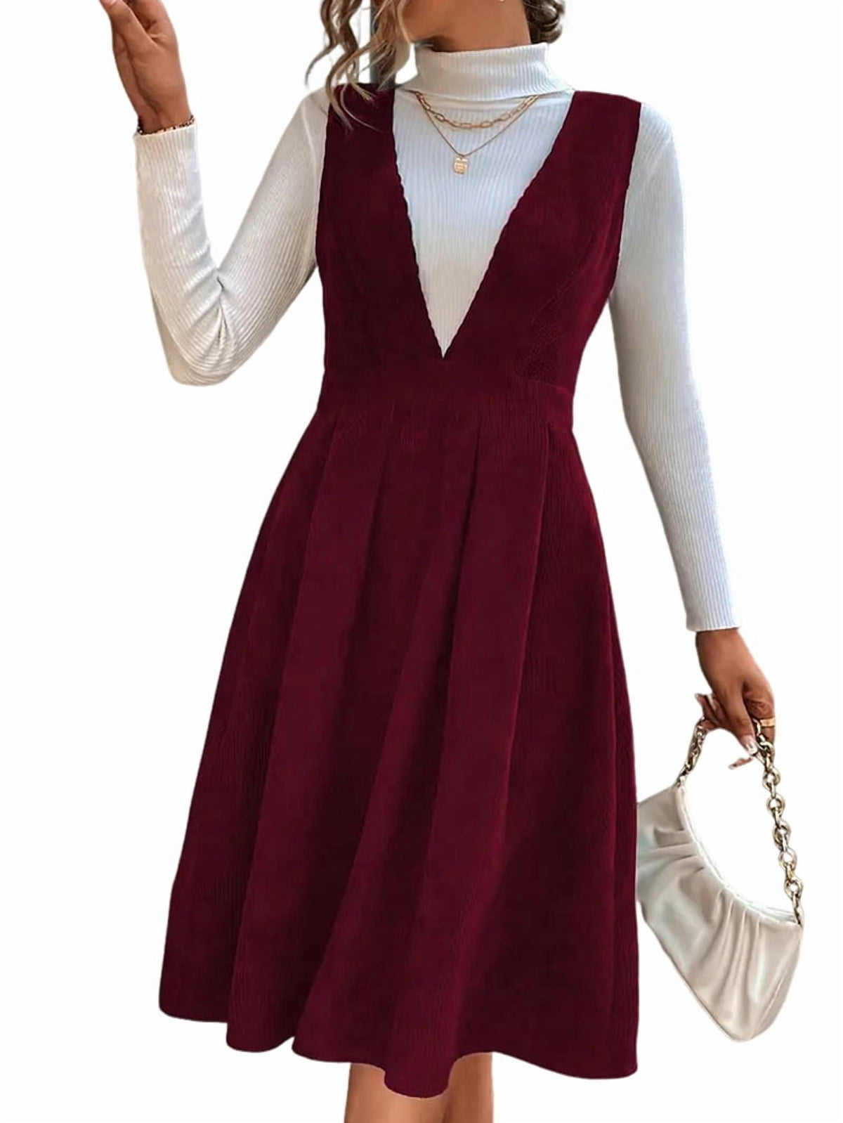thumbnail image 1 of Women V Neck Corduroy Overall Dress Fall Mini Pinafore Jumper Dress Red S, 1 of 9