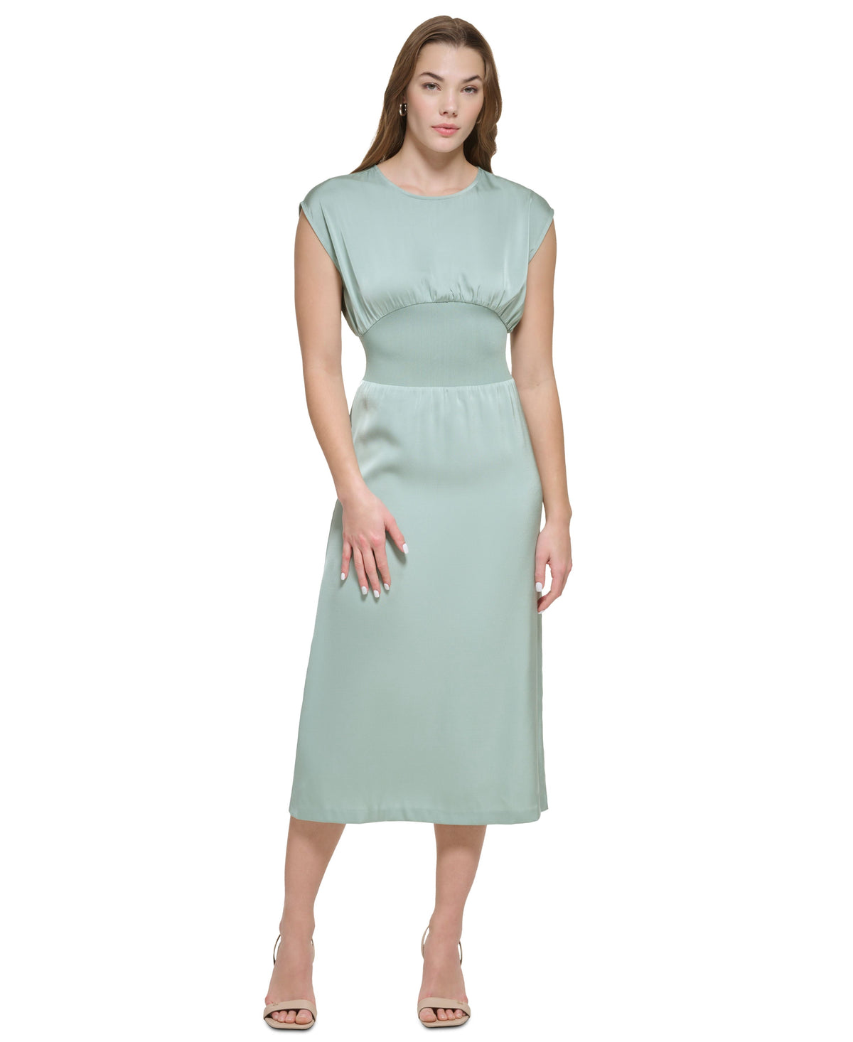 thumbnail image 1 of Women's Cinch Waist Sleeveless Satin Midi Dress Jadeite L, 1 of 1