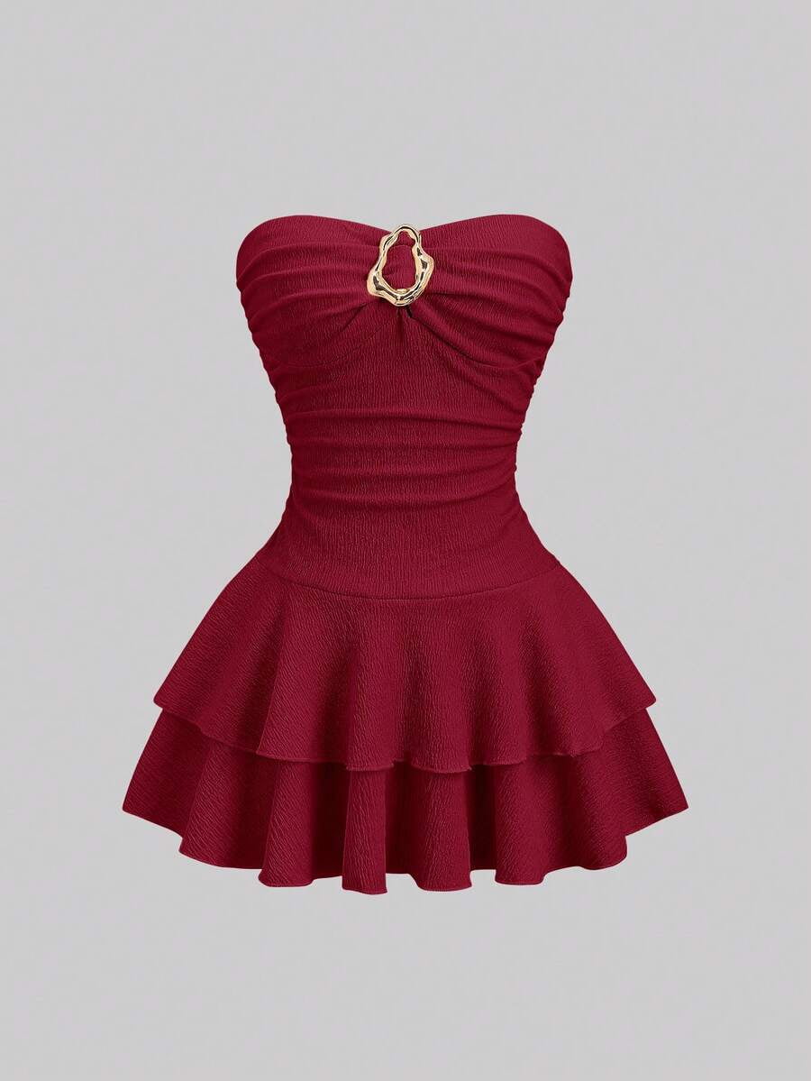 thumbnail image 1 of Women's Elegant Strapless Double Layer Ruffle Mini Dress, Red, Sizes L-M, 1 of 6