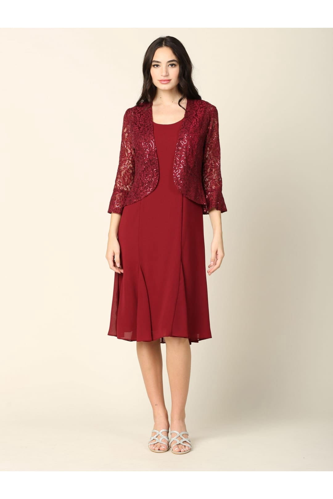 thumbnail image 1 of Women's Eva USA 3385 Short Mother Of Groom Two Piece Set Jacket Dress Burgundy 2XL, 1 of 1