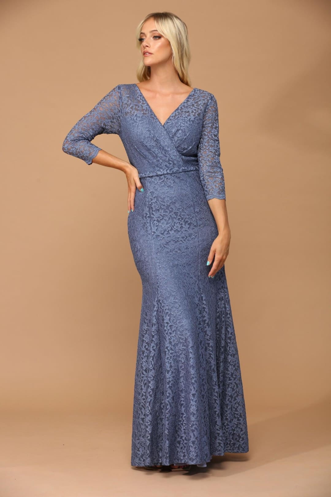 thumbnail image 1 of Women's Eva USA 3450 Long 3 4 Sleeve Mother Of Groom Lace Dress Slate A dark, muted blue-gray Blue S, 1 of 1