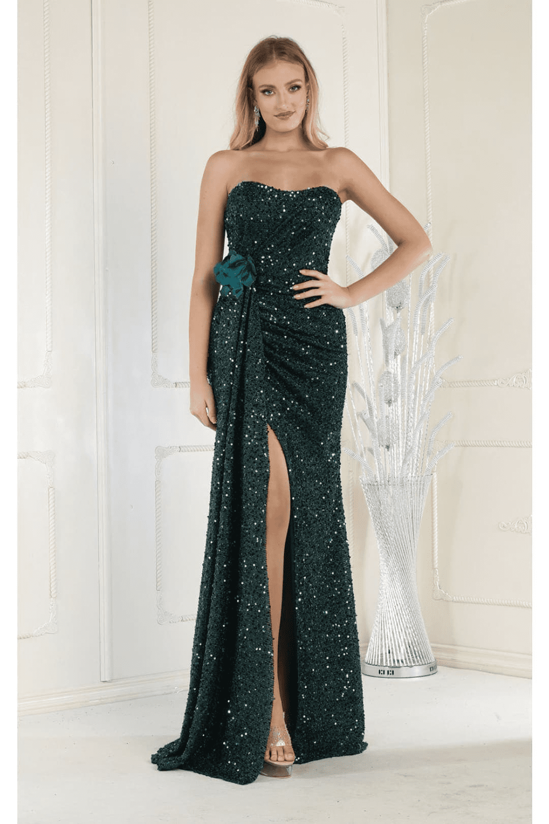 thumbnail image 1 of Women's May Queen MQ1968G Sequin Strapless Long Slit Hunter Green Formal Dress 12, 1 of 2