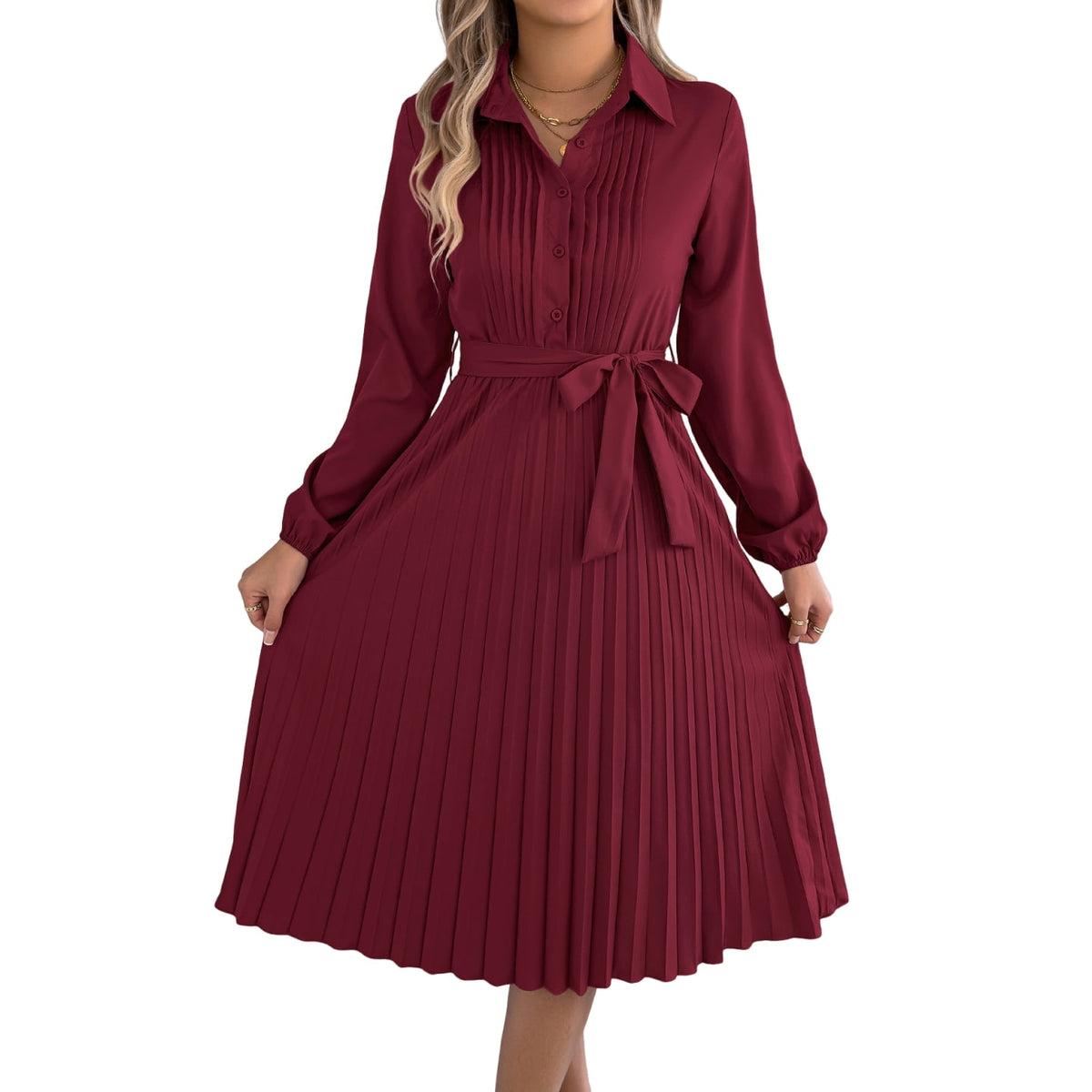 thumbnail image 1 of Women's Pleated Long Sleeve Belted Shirt Midi Dress, 1 of 4