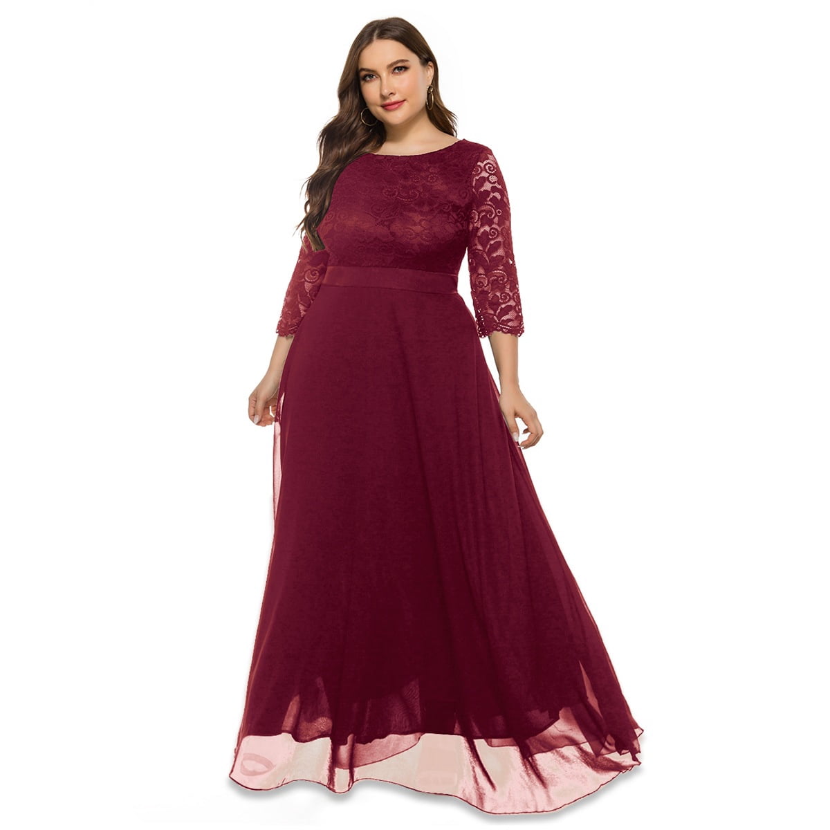 thumbnail image 1 of Women's Plus Size Lace Contrast Chiffon V Neck Flowy Cocktail Wedding Guest Midi Dress, 1 of 10