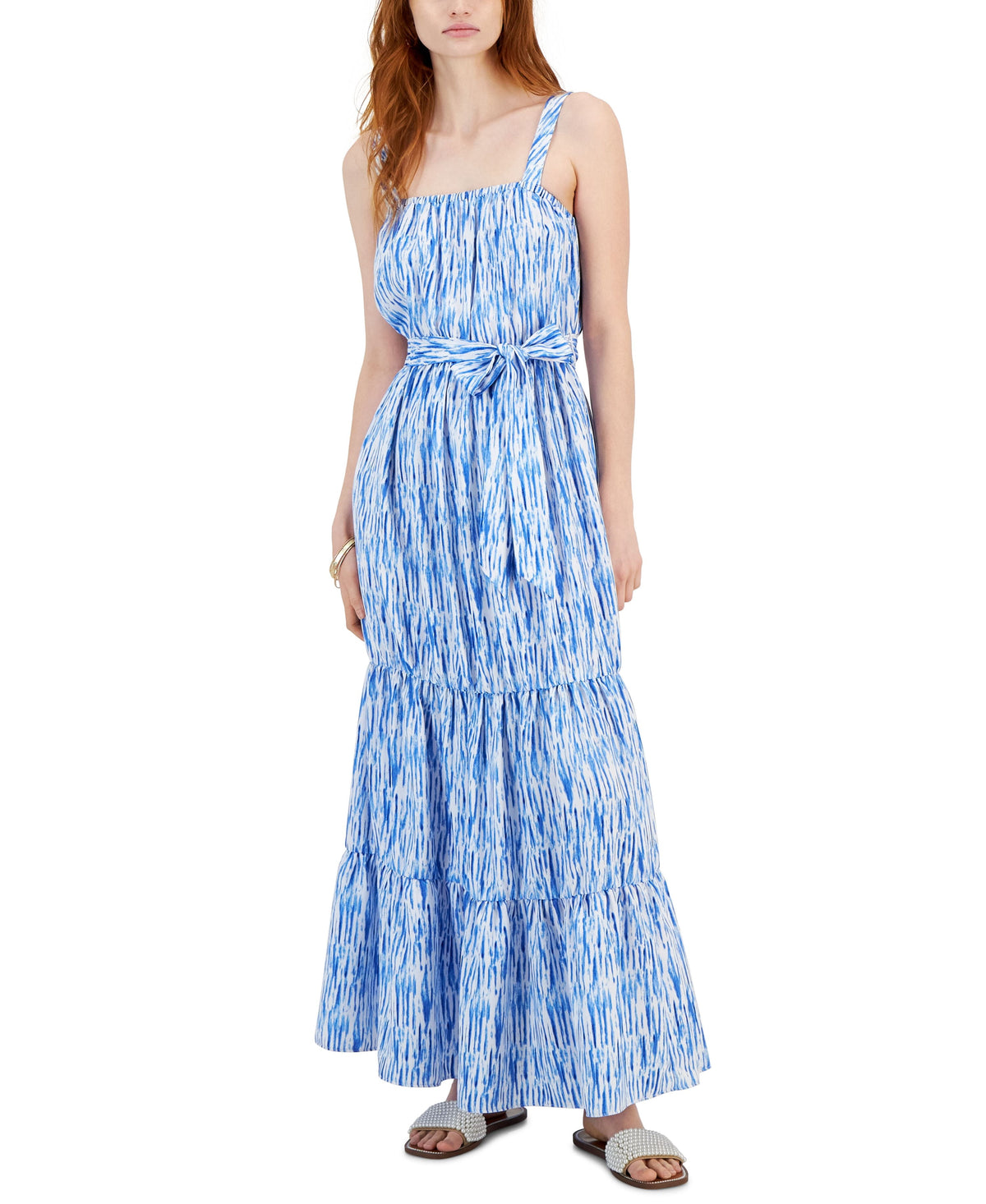 thumbnail image 1 of Women's Printed Tiered Tie-Waist Maxi Dress Kit Abstract L, 1 of 1