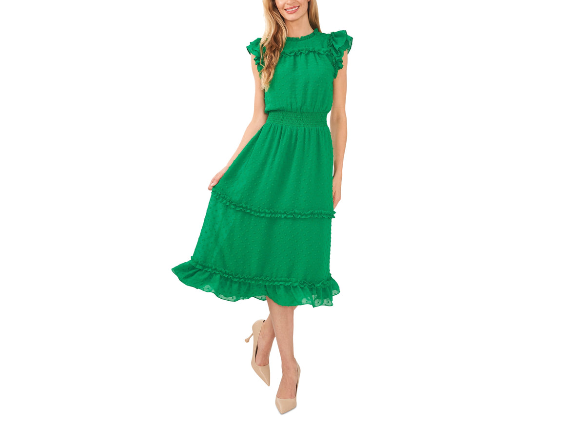 thumbnail image 1 of CeCe Women's Ruffled Flutter Sleeve Swiss Dot Midi Dress Lush Green XL, 1 of 1