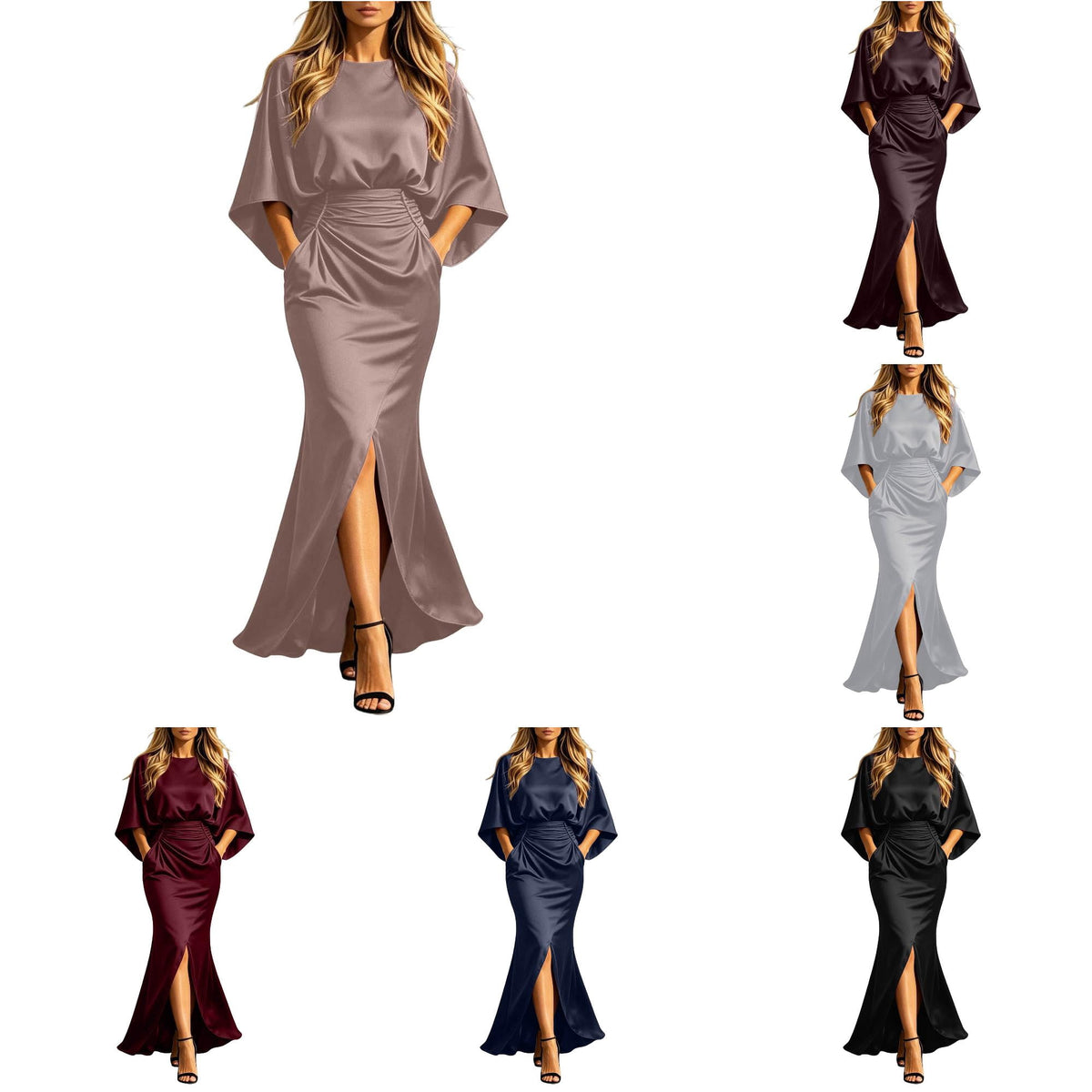 thumbnail image 1 of Women's Satin Long Sleeve Crew Neck Ruched Waist Wrap Dress with Slit Evening Gown, 1 of 6