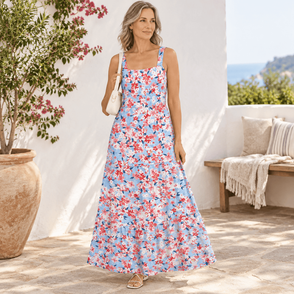thumbnail image 1 of Women's Summer Flowy Maxi Dress Square Neck Blue Pink Floral Small, 1 of 8