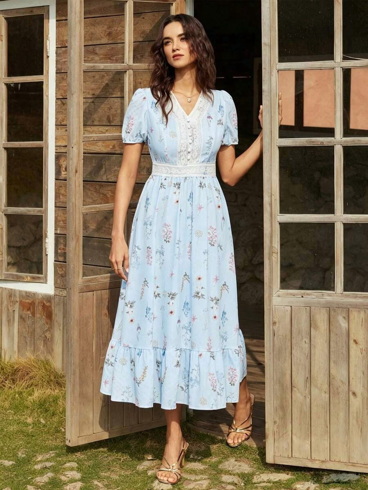 thumbnail image 1 of Womens Baby Blue French Elegant V-Neck Floral Print Lace Trim Short Sleeve, 1 of 5