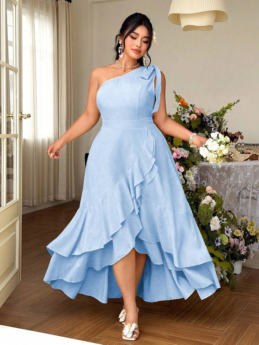 thumbnail image 1 of Womens Baby Blue One Shoulder Ruffle Hem A-Line Summer Dress, 1 of 4
