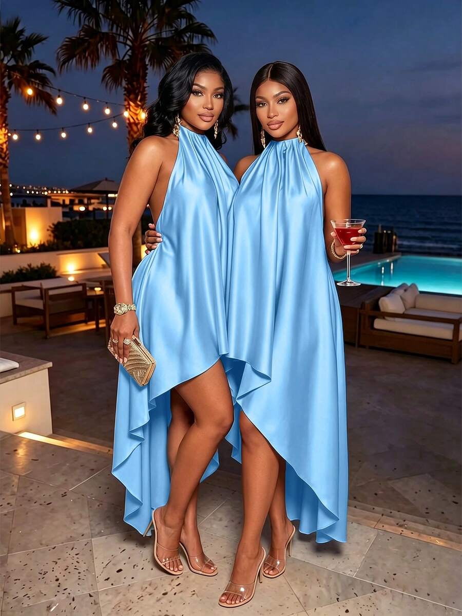 thumbnail image 1 of Womens Baby Blue Satin Halter Dress With Asymmetric Diagonal Hem, 1 of 7