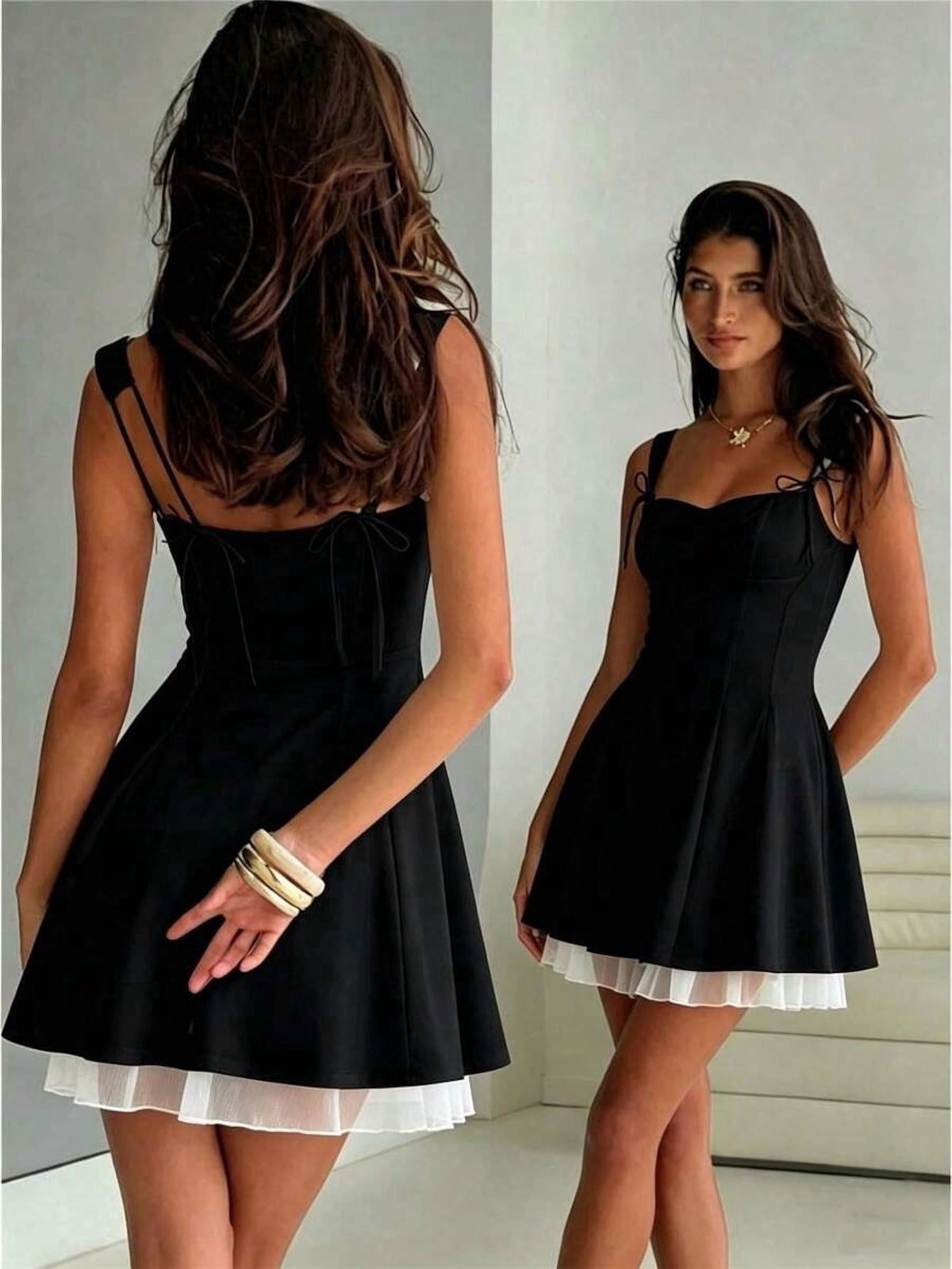 thumbnail image 1 of Womens Black And White A-Line Mini Dress With Bowknot Back Tie, 1 of 30