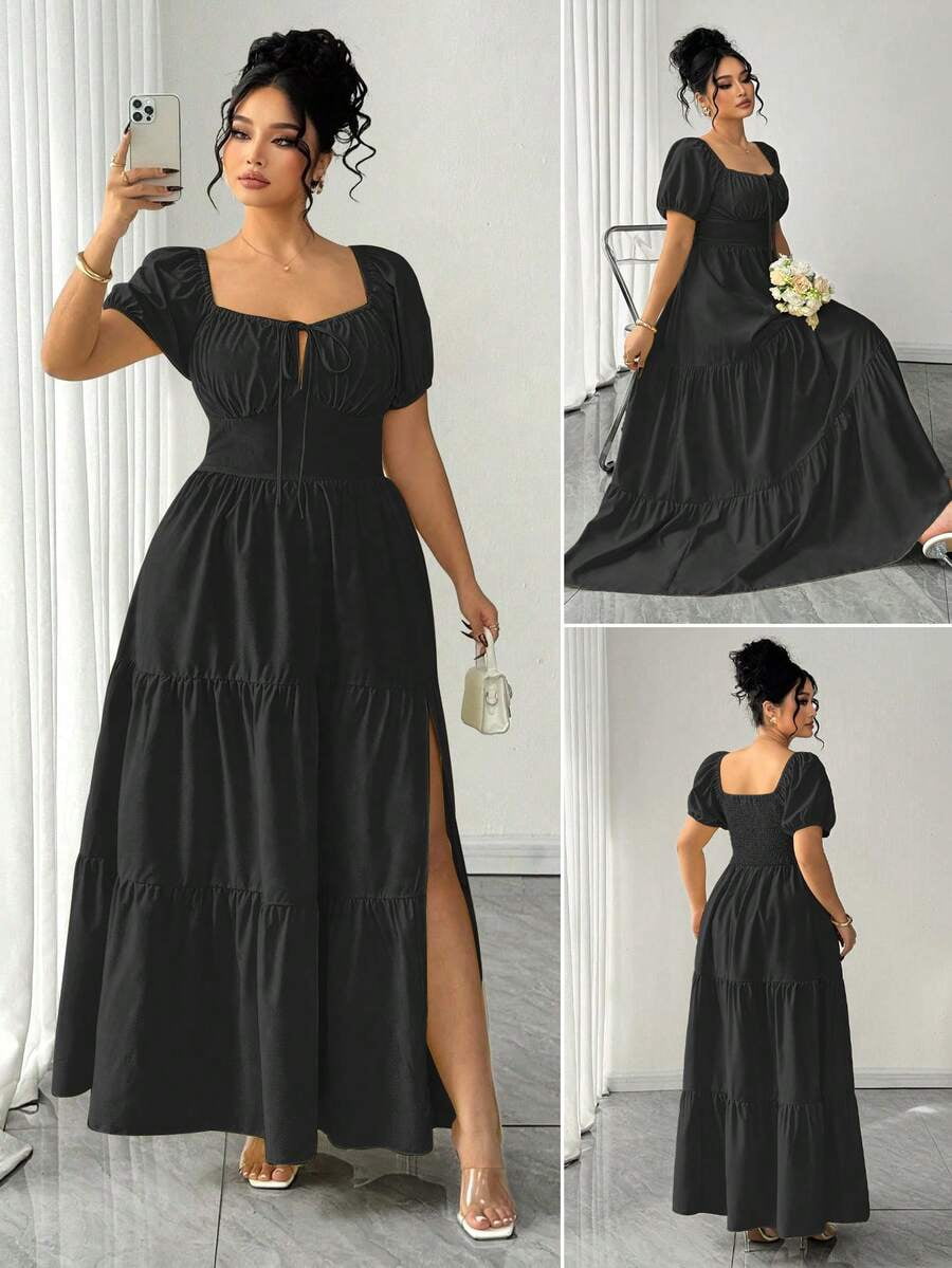 thumbnail image 1 of Womens Black Puff Sleeve Square Neck Tiered Maxi Dress With Side Slit, 1 of 8