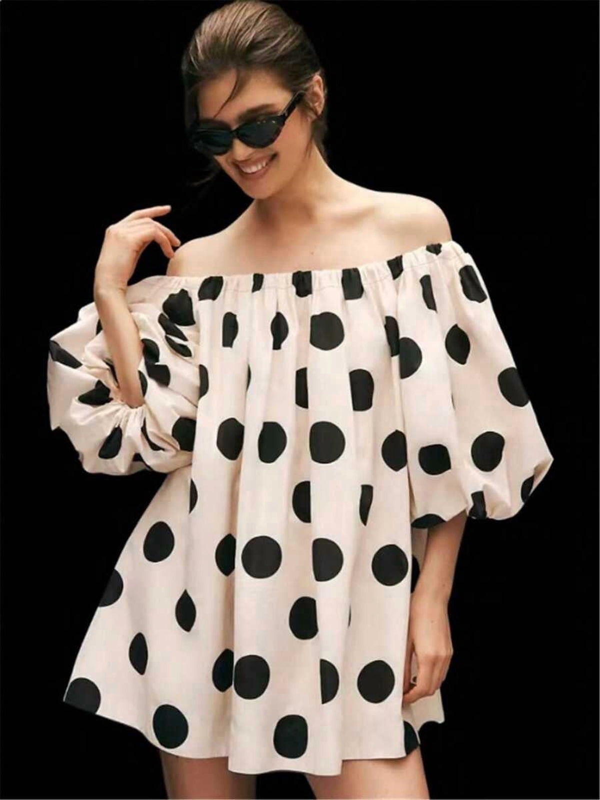 thumbnail image 1 of Womens Black and White Polka Dot Off Shoulder Loose Fit Mini Dress, 1 of 5