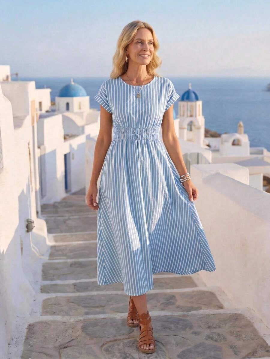 thumbnail image 1 of Womens Blue And White Striped Ruched Waist Midi Dress Summer Vacation, 1 of 9