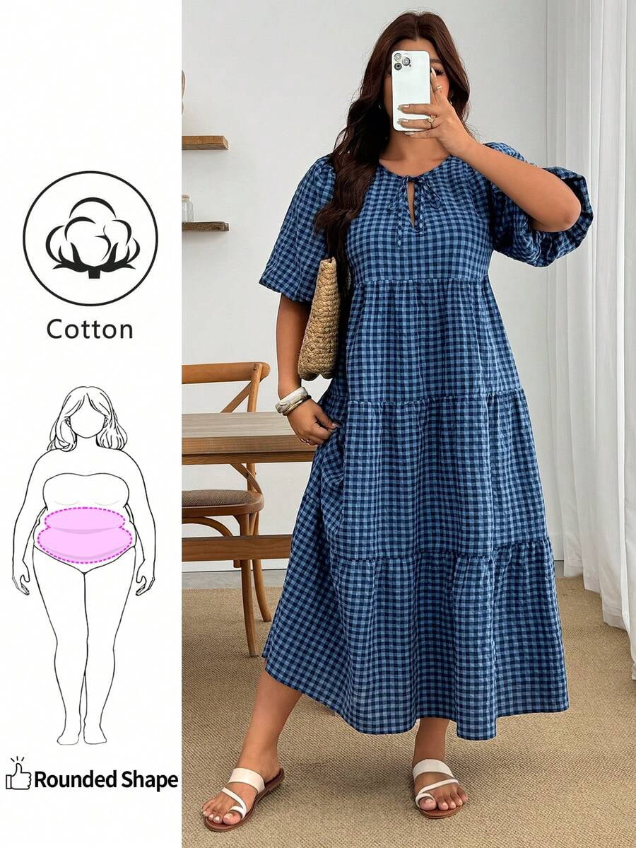 thumbnail image 1 of Womens Blue Gingham Tiered Dress With Puff Sleeves And Ruffle Hem, 1 of 8