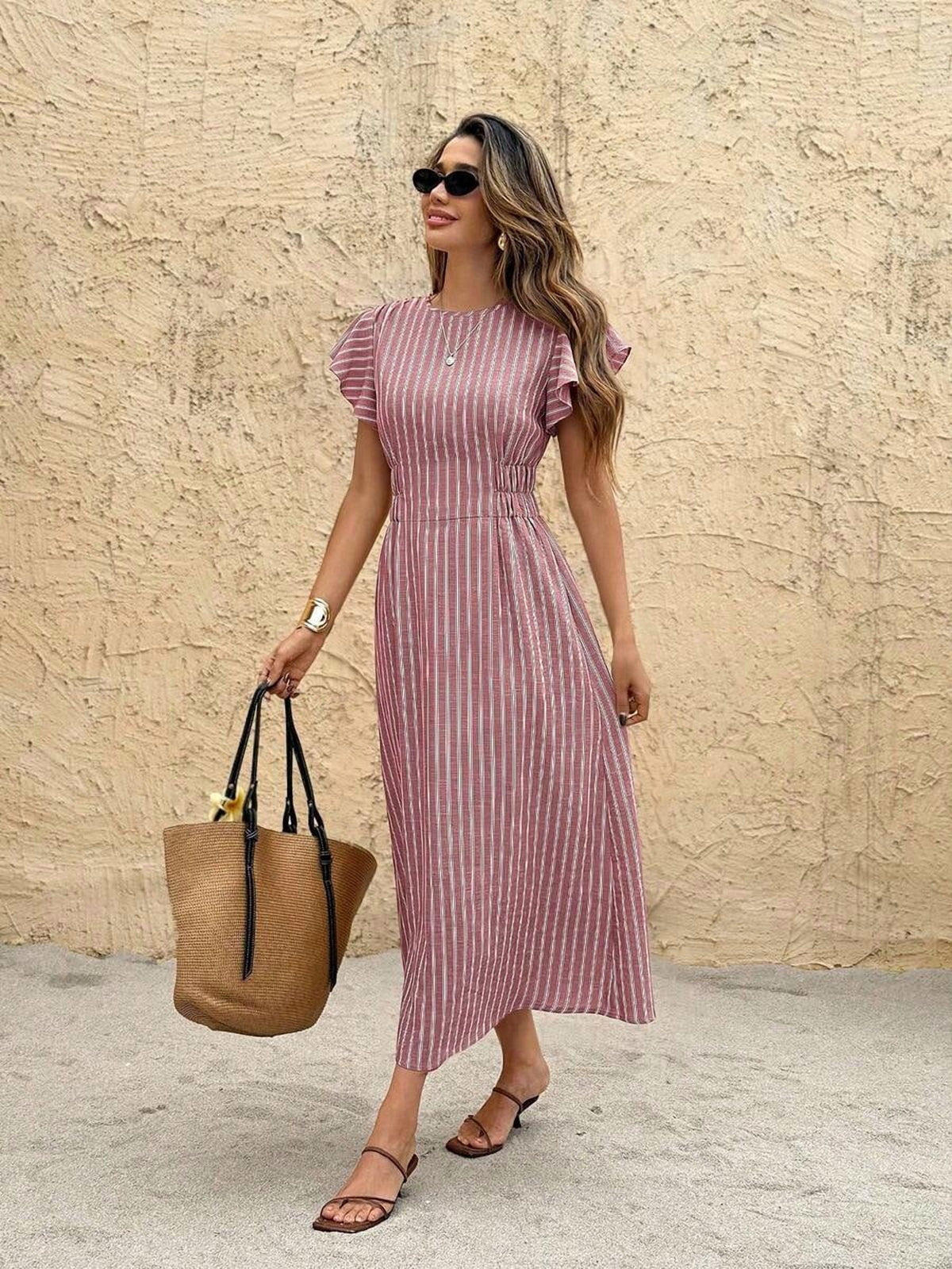 thumbnail image 1 of Womens Burgundy Ruffle Sleeve Vertical Stripe Midi Dress Summer Vacation, 1 of 7