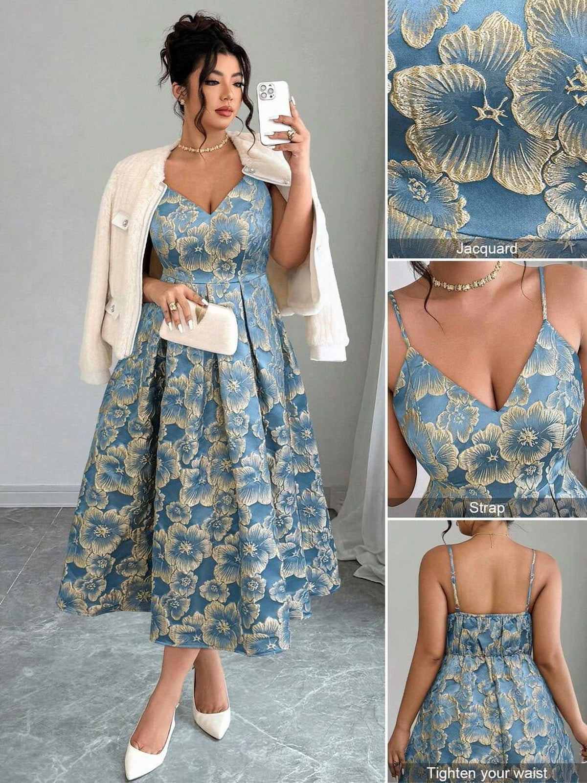 thumbnail image 1 of Womens Elegant Blue Floral Jacquard Spaghetti Strap Midi Dress for Wedding, 1 of 9
