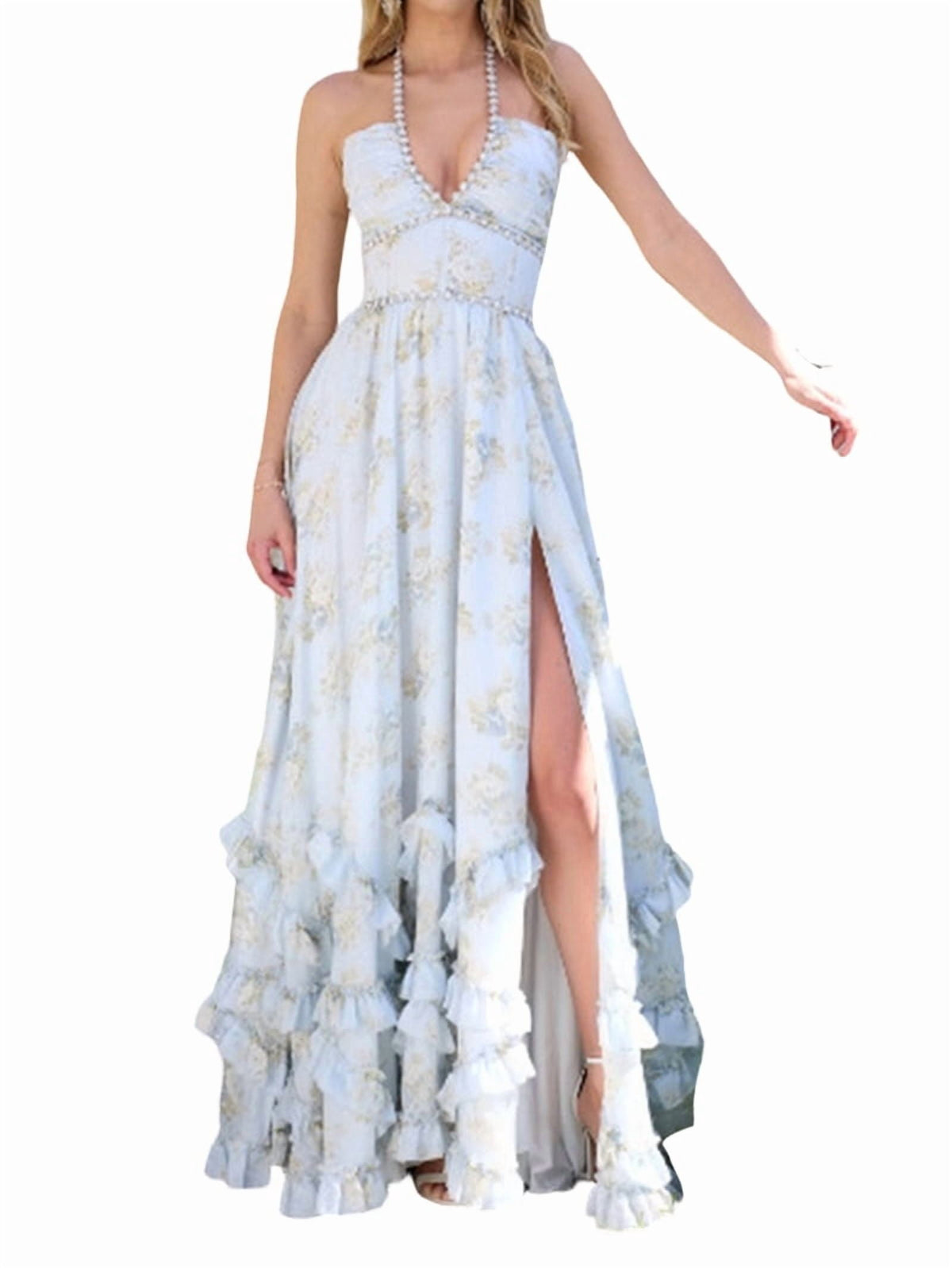 thumbnail image 1 of Womens Elegant Printed Slim Fit Flared Hem Halter V Neck Backless Long Dress Summer Beach Vacation Light Blue XS, 1 of 9