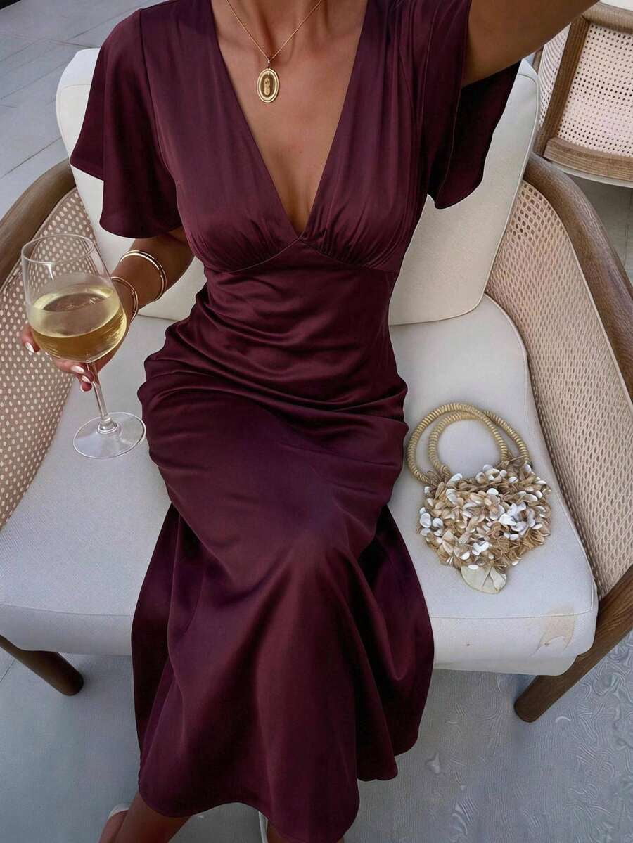 thumbnail image 1 of Womens Elegant Redwood V-Neck Satin Long Dress, 1 of 8