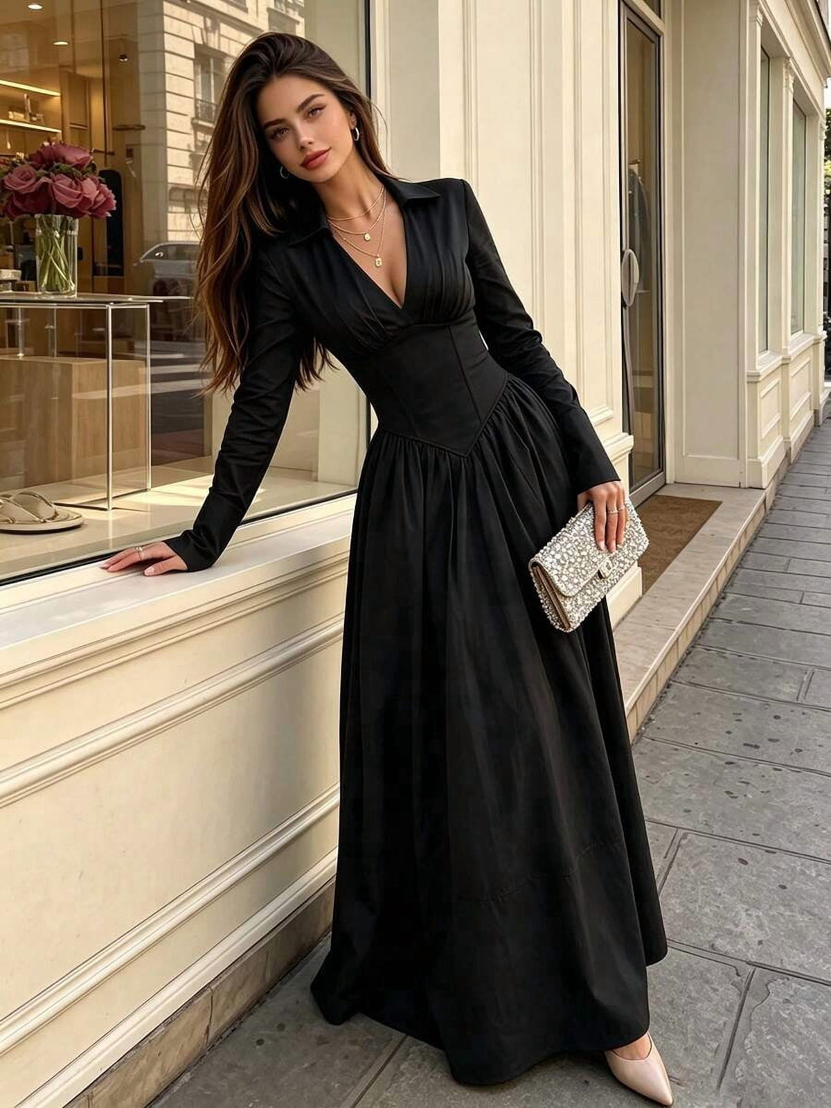 thumbnail image 1 of Womens Elegant V-Neck Long Sleeve Maxi Dress with Belted Waist - Black, 1 of 8