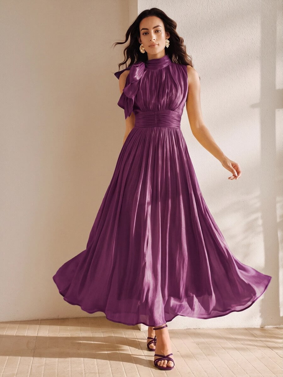 thumbnail image 1 of Womens Elegant Violet Purple Long Dress with Pleated Waist and Ruffle, 1 of 8