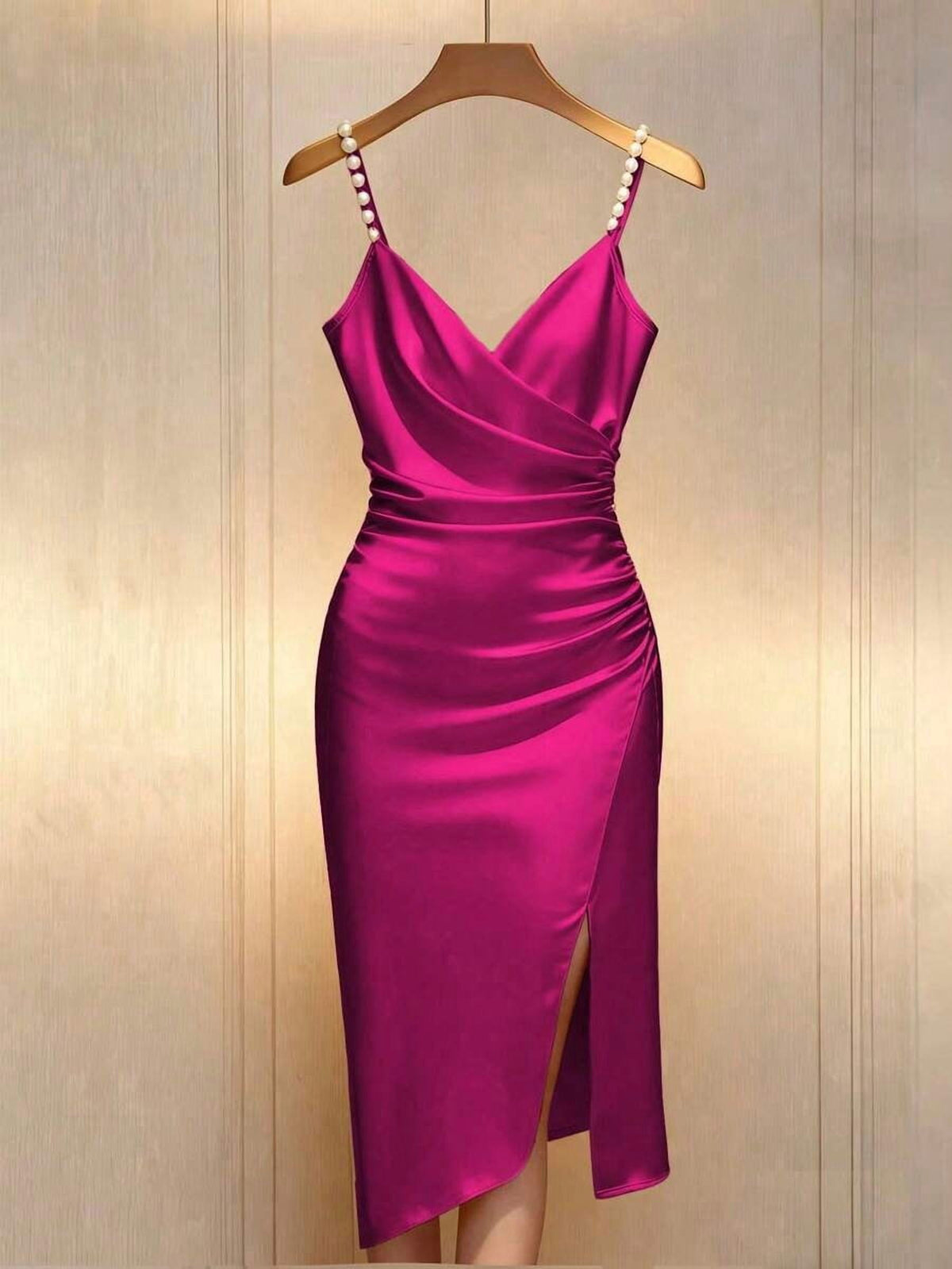thumbnail image 1 of Womens Hot Pink Satin Slip Dress, Elegant Beaded Spaghetti Strap Cross, 1 of 5