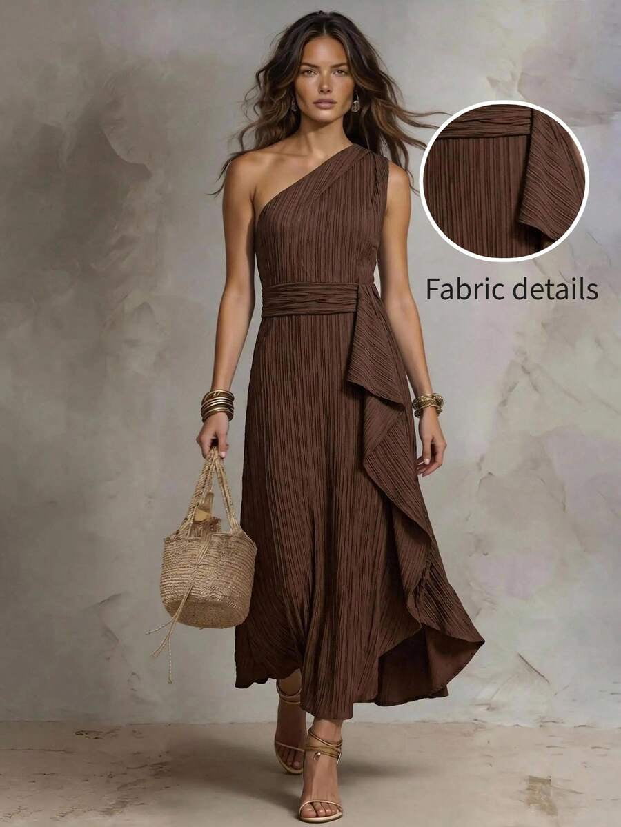 thumbnail image 1 of Womens One Shoulder Sleeveless Ruffle Long Dress - Brown, 1 of 6