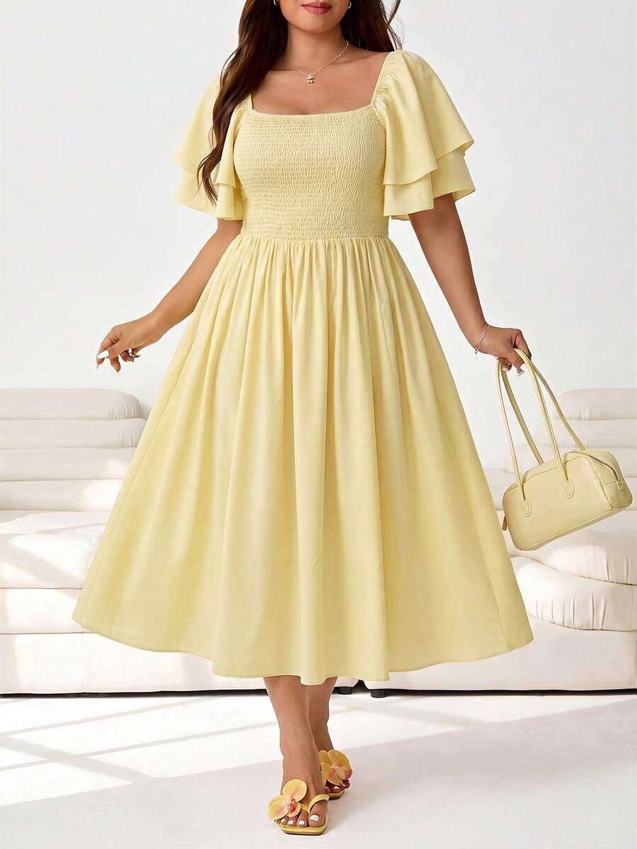 thumbnail image 1 of Womens Pale Yellow Ruffle Sleeve Square Neck Smocked Midi Dress, 1 of 6