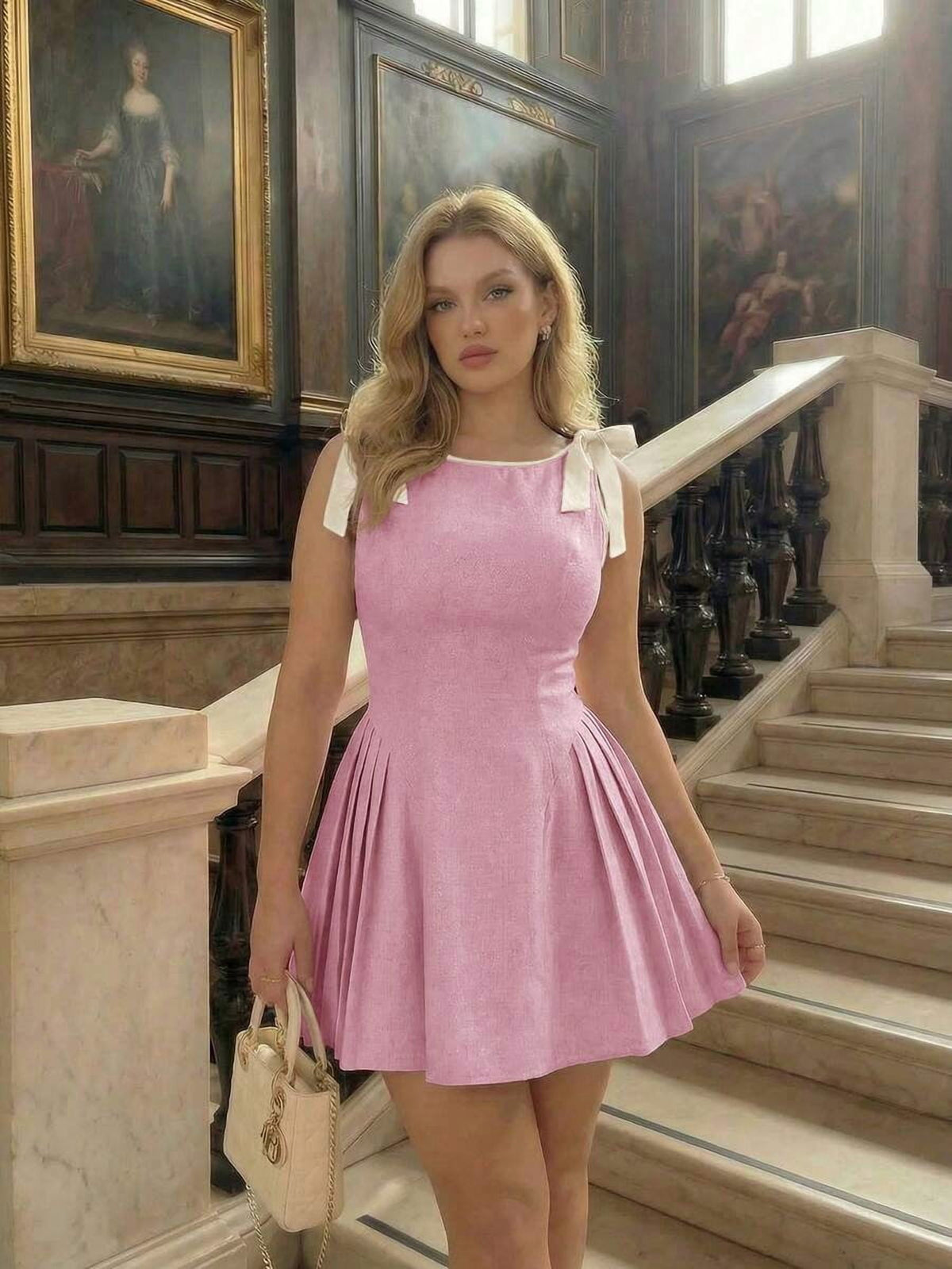 thumbnail image 1 of Womens Pink Pleated Mini Dress With Bow Shoulder Straps, 1 of 7